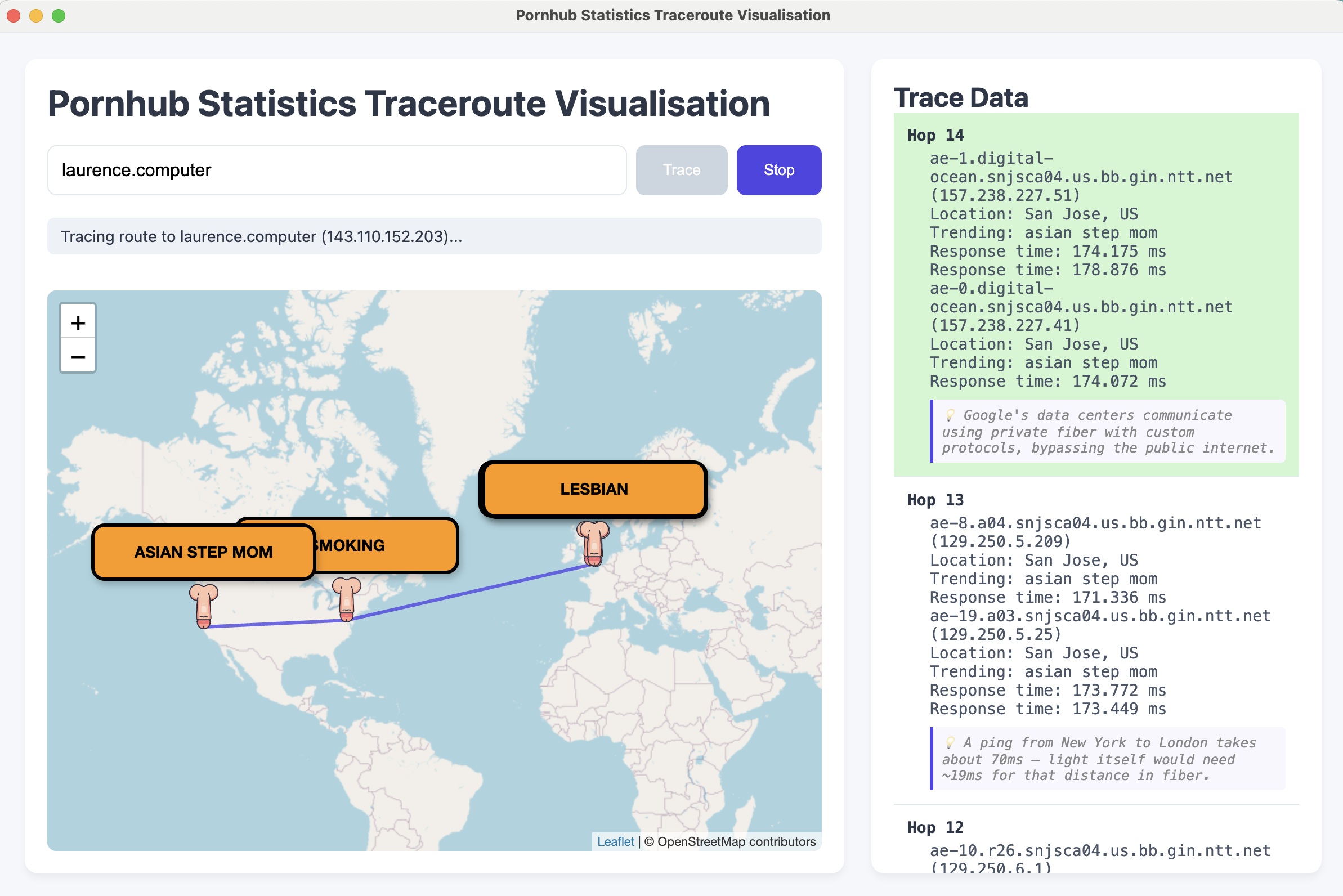 Traceroute App in action -tracing laurence.computer across the globe